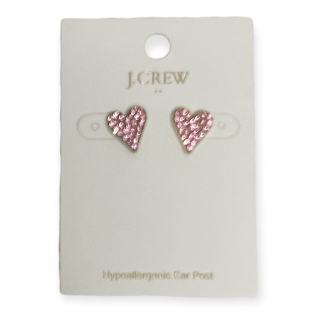 J. CREW Pink Crystal Heart Earrings Pavé Rhinestone Stud Pierced Earrings NWT